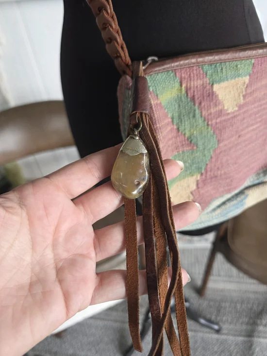 Vintage 90s Kilim Pink Multicolor Woven Crossbody Bag with Braided Brown Strap - Picture 3 of 15